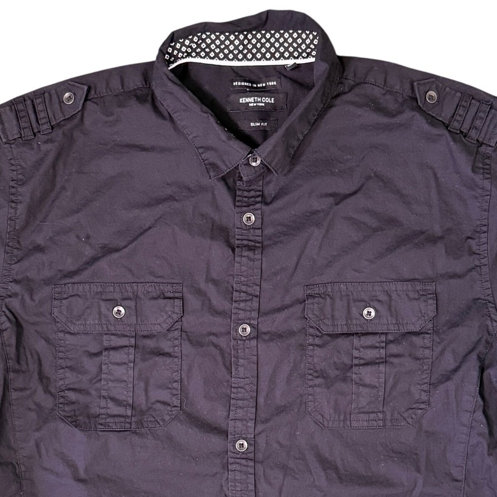 Kenneth Cole Mens XL‎ Slim Fit Short Sleeve Military Button Up Shirt Black